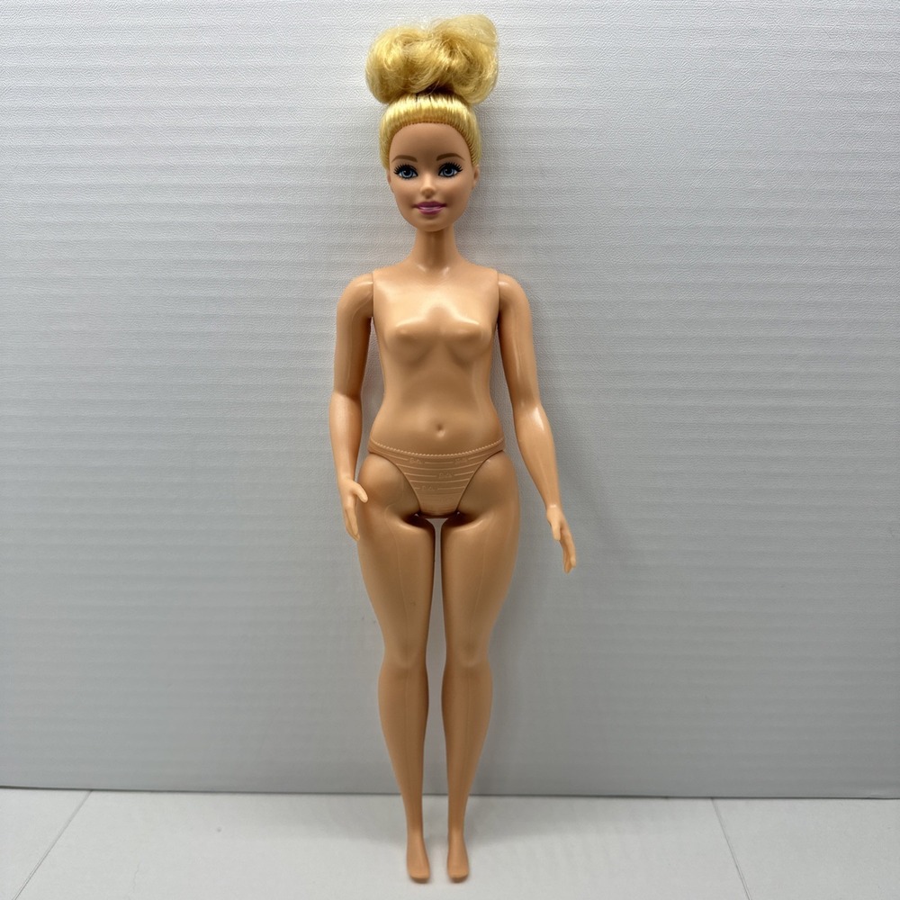 Mattel Barbie Curvy Nude Doll Short‎ Blonde Bun Hair Blue Eyes